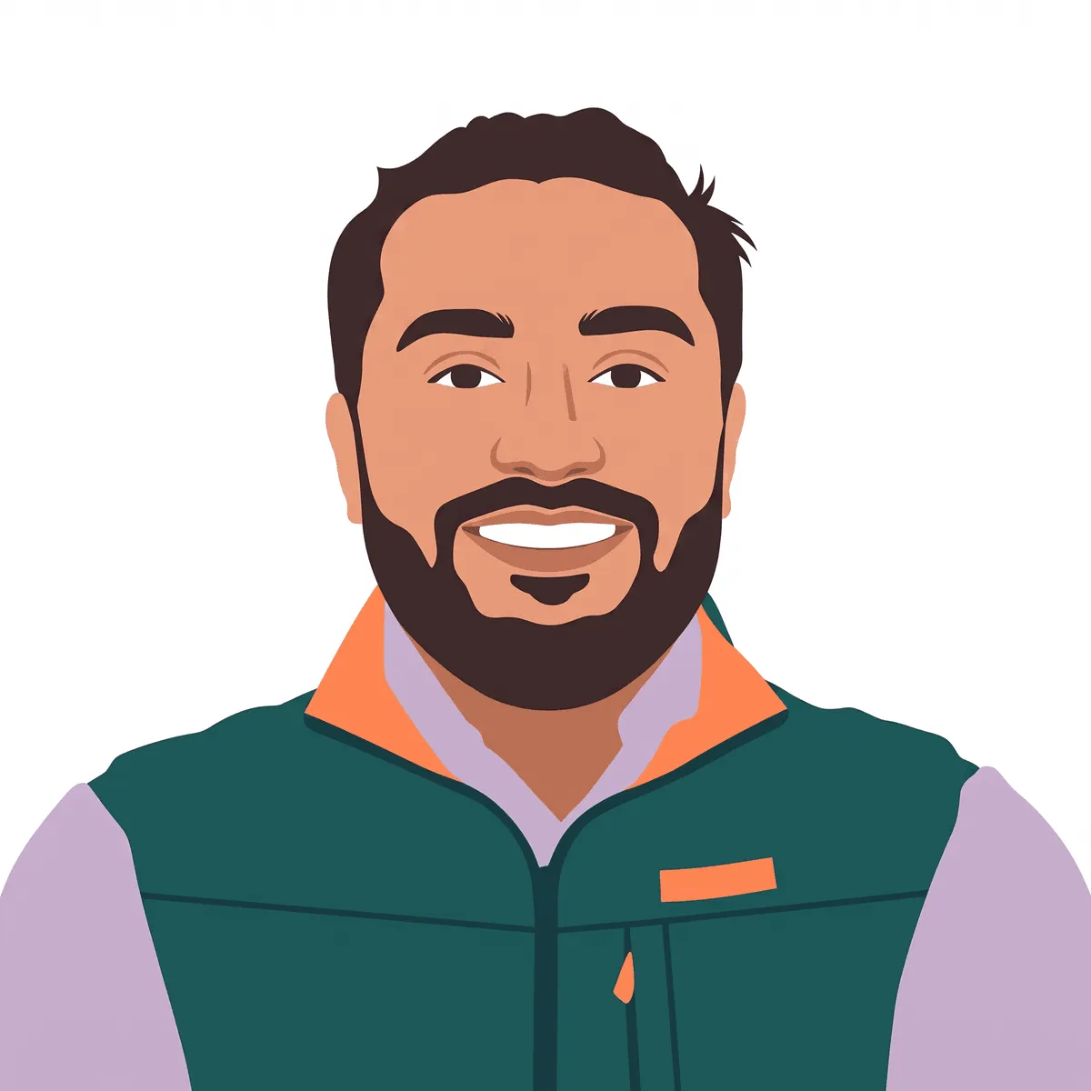Illustrated portrait of Nauman Umair smiling, with a beard, wearing a teal gilet