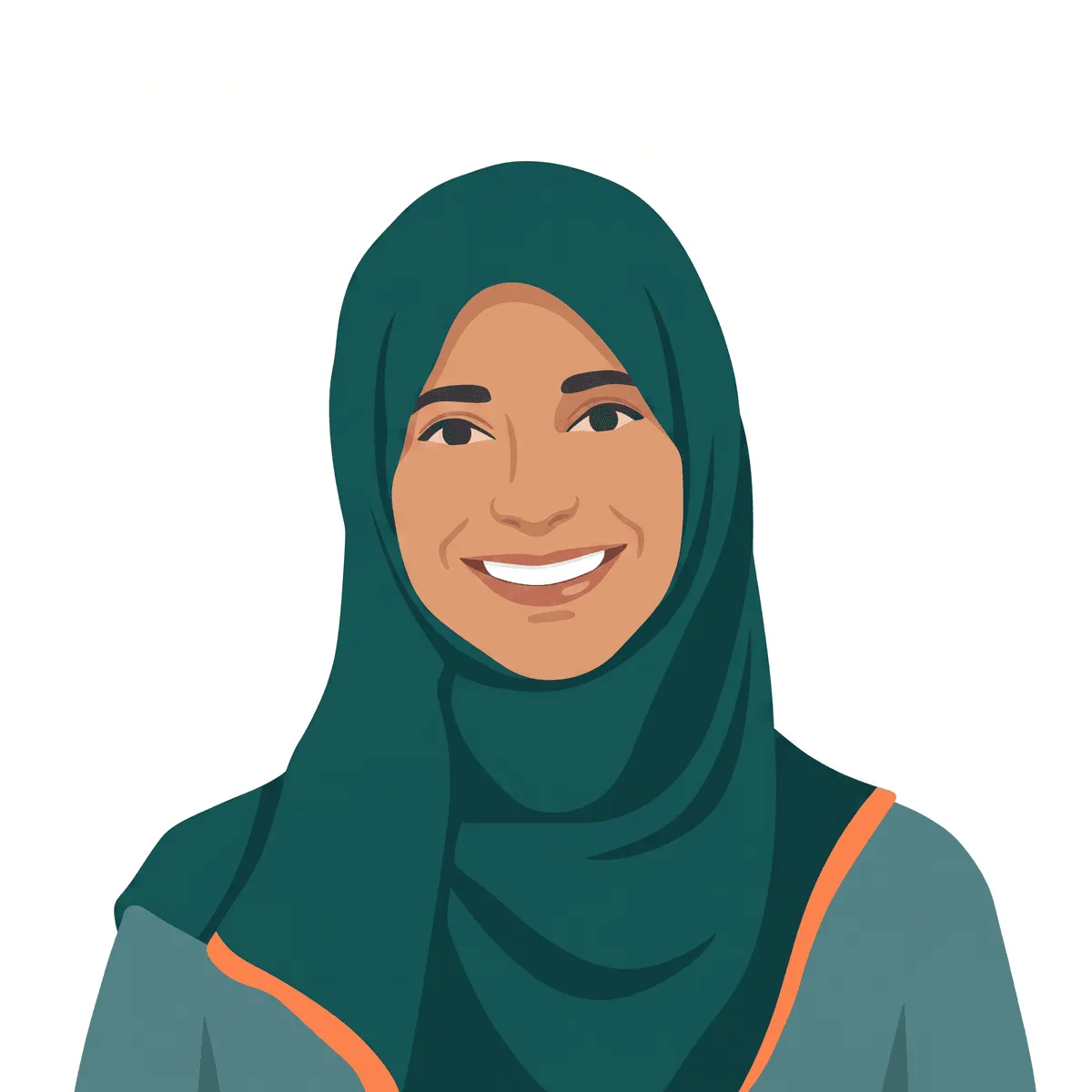 Illustrated portrait of Sadia Ali smiling, wearing a deep teal headscarf